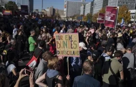 Un manifestante muestra un cartel que dice 'Por una Alemania colorida' (C) en una manifestación titulada '#indivisible - solidaridad en lugar de exclusión' en Berlín, Alemania.