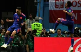 El delantero colombiano Radamel Falcao (i) celebra tras marcar el 0-2 durante el partido Polonia-Colombia