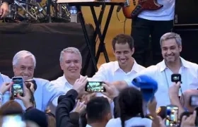 Captura de video cedida que muestra al presidente de Chile, Sebastián Piñera; el presidente de Colombia, Iván Duque; el jefe del Parlamento venezolano, Juan Guaidó; el presidente de Paraguay, Mario Abdo Benitez.