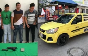Los cuatro presuntos atracadores. Al lado, el taxi en el que huían.