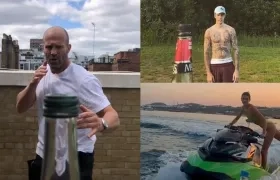 Jason Statham, Justin Bieber y Kendall Jenner realizando el reto.