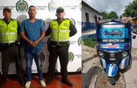 Luis Fernando Domínguez Pérez, presentado por la Policía y el motocarro robado.