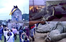 Fotografía del monumento de Sebastián de Belalcázar que fue derribado por comunidades indígenas, en Popayán (Colombia). I