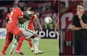 Marlon Torres, del América, disputa el balón con Jefferson Duque de Nacional. En la otra foto, el técnico Juan Carlos Osorio.