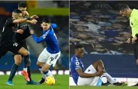James Rodríguez y Yerri Mina, durante el partido. 