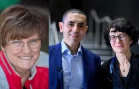 Bióloga húngara Katalin Karikó y los doctores alemanes Uğur Şahin (i) y Özlem Türeci (d).