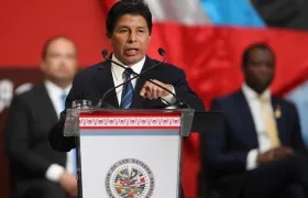  El presidente peruano, Pedro Castillo, pronuncia hoy un discurso durante la inauguración de la 52 Asamblea General de la OEA este miércoles.