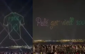 Los 150 drones dibujaron la camiseta y la frase "Pelé, mejórate pronto".