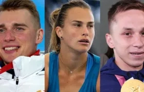 Anton Smolski, Aryna Sabalenka e Ivan Litvinovich, atletas bielorrusos de élite. 