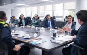 La directora general de la Guardia Civil española, María Gámez (2d) y el ministro de Defensa de Colombia, Diego Molano (d) hoy, en Bogotá.