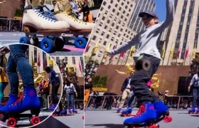 Patinadores durante la jornada inaugural de la nueva pista de patinaje sobre ruedas del Rockefeller Center denominada 'Flipper's Roller Boogie Palace' en Nueva York.
