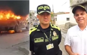 Taxi incendiado en Sincelejo. Coronel Carlos Andrés Correa de la Policía de Sucre y el Alcalde Andrés Gómez.
