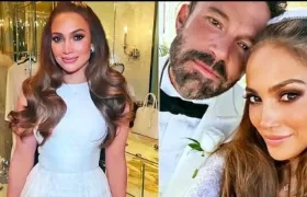 Jennifer López con uno de los vestidos que usó. En la otra foto después de la ceremonia junto a su esposo Ben Afleck.