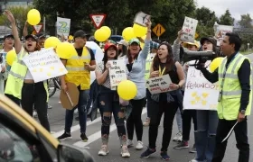 Con carteles y arengas, trabajadores de la aerolínea Viva Air protestan para exigir que se conserven sus empleos.
