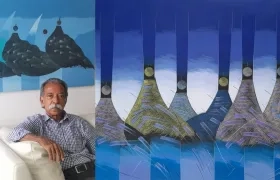 Eduardo Rosales Soto con dos de sus obras que expondrá en el Club ABC