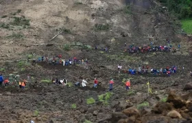 Rescatistas buscan sobrevivientes del alud registrado en Alausí, una población de los Andes de Ecuador.