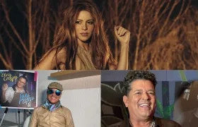 Los cantantes Shakira, Carlos Vives y Elvis Crespo