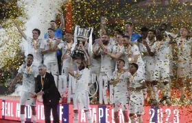 La celebración del Real Madrid con presencia del técnico Carlo Ancelotti.