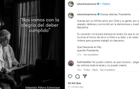 La foto y el mensaje compartidos en la cuenta de Instagram de Piñera