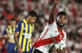 Miguel Borja celebra tras marcar el gol del empate de River ante Rosario Central. 
