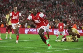 Hugo Rodallega celebra el gol con el cual le dio el triunfo a Santa Fe sobre Tolima. 