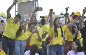 Aficionados de la Selección Colombia celebrando en el Fan Zone en el partido contra Costa Rica. 