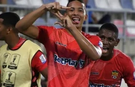 Jordan Barrera festeja tras marcar el segundo gol del Barranquilla FC.