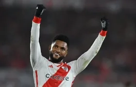 Miguel Borja celebrando el gol que me marcó a Talleres, el primero de River Plate.