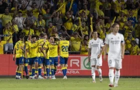 La celebración de los jugadores de Las Palmas tras el gol ante Real Madrid.