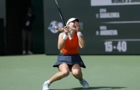 Mirra Andreeva tras conquistar el último punto contra Aryna Sabalenka.