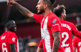 Luis Javier Suárez celebrando uno de sus goles este domingo.