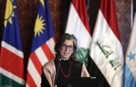 La relatora especial de la ONU para Palestina, Francesca Albanese, durante la instalación de la cumbre ministerial de emergencia del Grupo de La Haya.