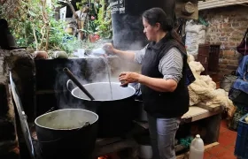 Luz María Rodríguez trabaja en el proceso de teñir lana con tinta extraída de hojas de coca 