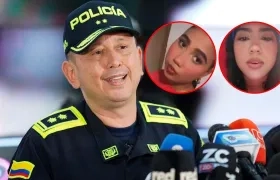 Comandante de la Policía Metropolitana de Barranquilla, Miguel Camelo, y las hermanas Cheridan y Keyla Hernández.