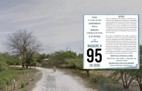 Entrada a la vereda Puerto Rey, donde ocurrió la masacre y panfleto.