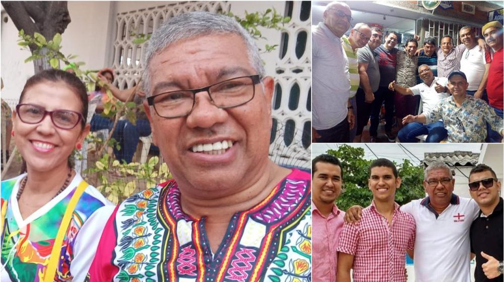 Jairo Soto Hernández y su esposa, e hijos. En otra foto con varios amigos.