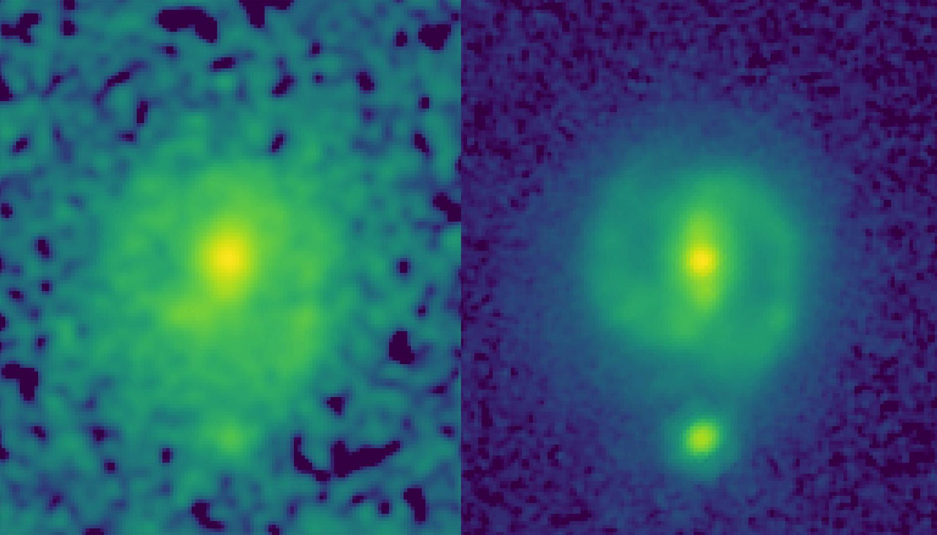 Imágenes de la galaxia EGS23205. A la izquierda la tomada por el telescopio Hubble y a la derecha la del James Webb.