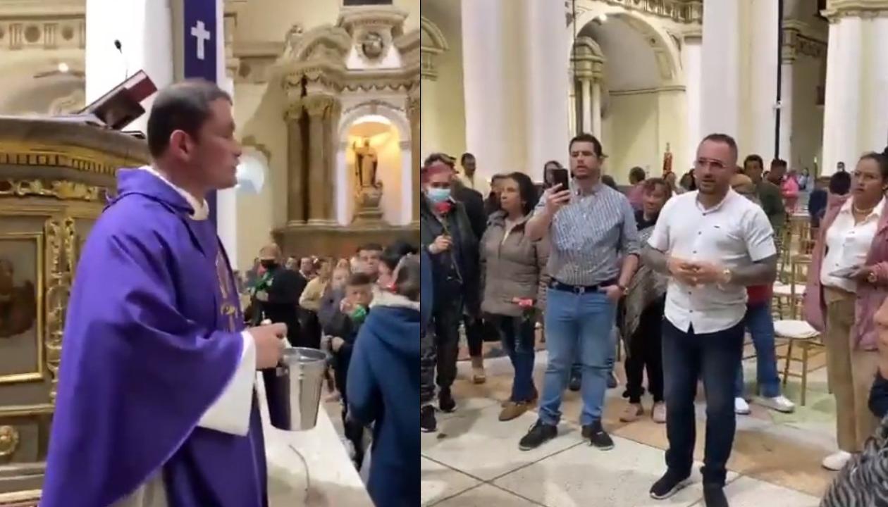 Fray Fernando Piña al término de la homilía. En la siguiente foto, fieles paisas le reclamaron por lo afirmado en la misa.