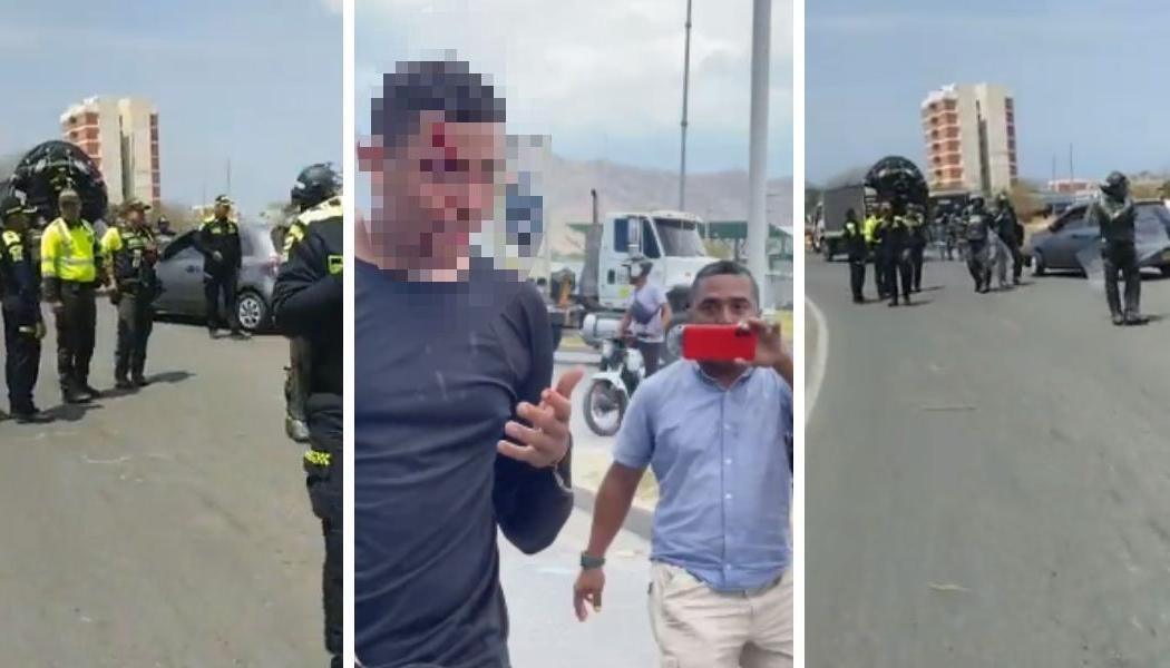 El Esmad en el sitio de la marcha en Santa Marta, en el centro, la persona herida.