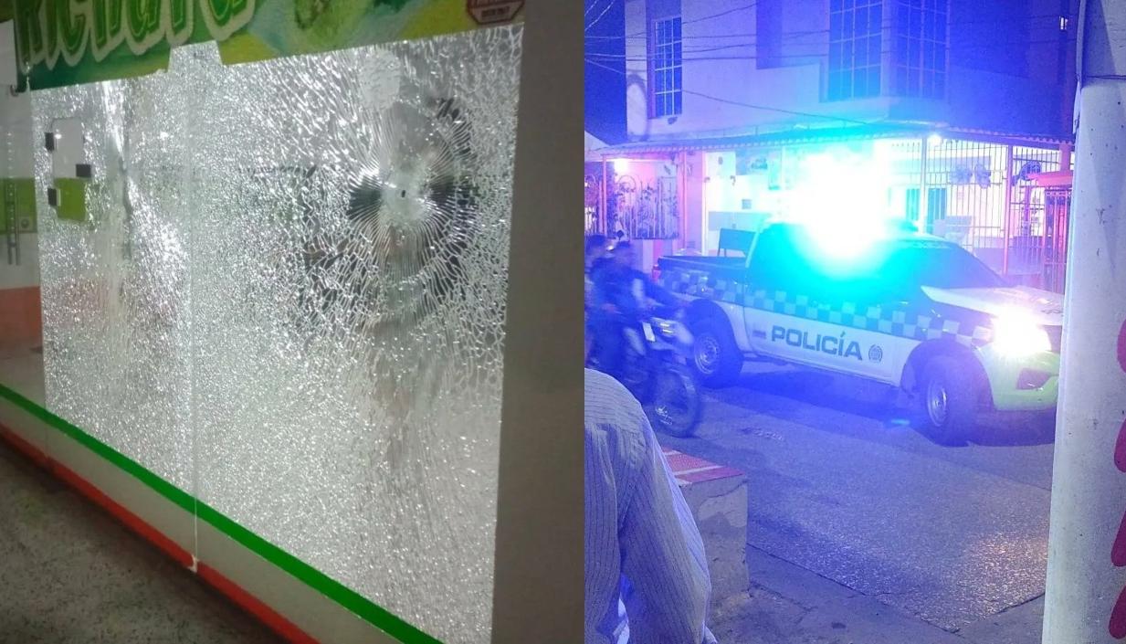 Los vidrios del negocio quedaron destruidos por los impactos de bala. 