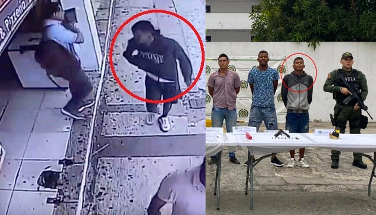 Jean Pier De la Hoz Ferrer (círculo rojo) cuando lo capturado y al quedar grabado en la cámara de seguridad. 