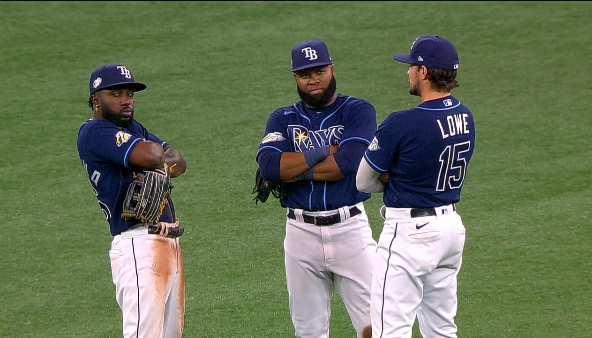 Randy Arozarena, Manuel Margot y Brandon Lowe, jardineros de los Rays.