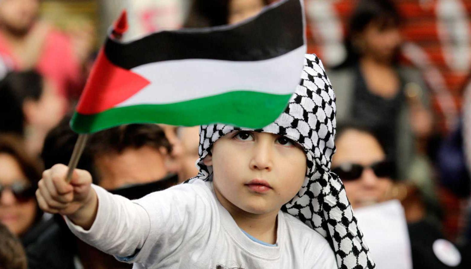 Un niño sostiene la bandera de Palestina