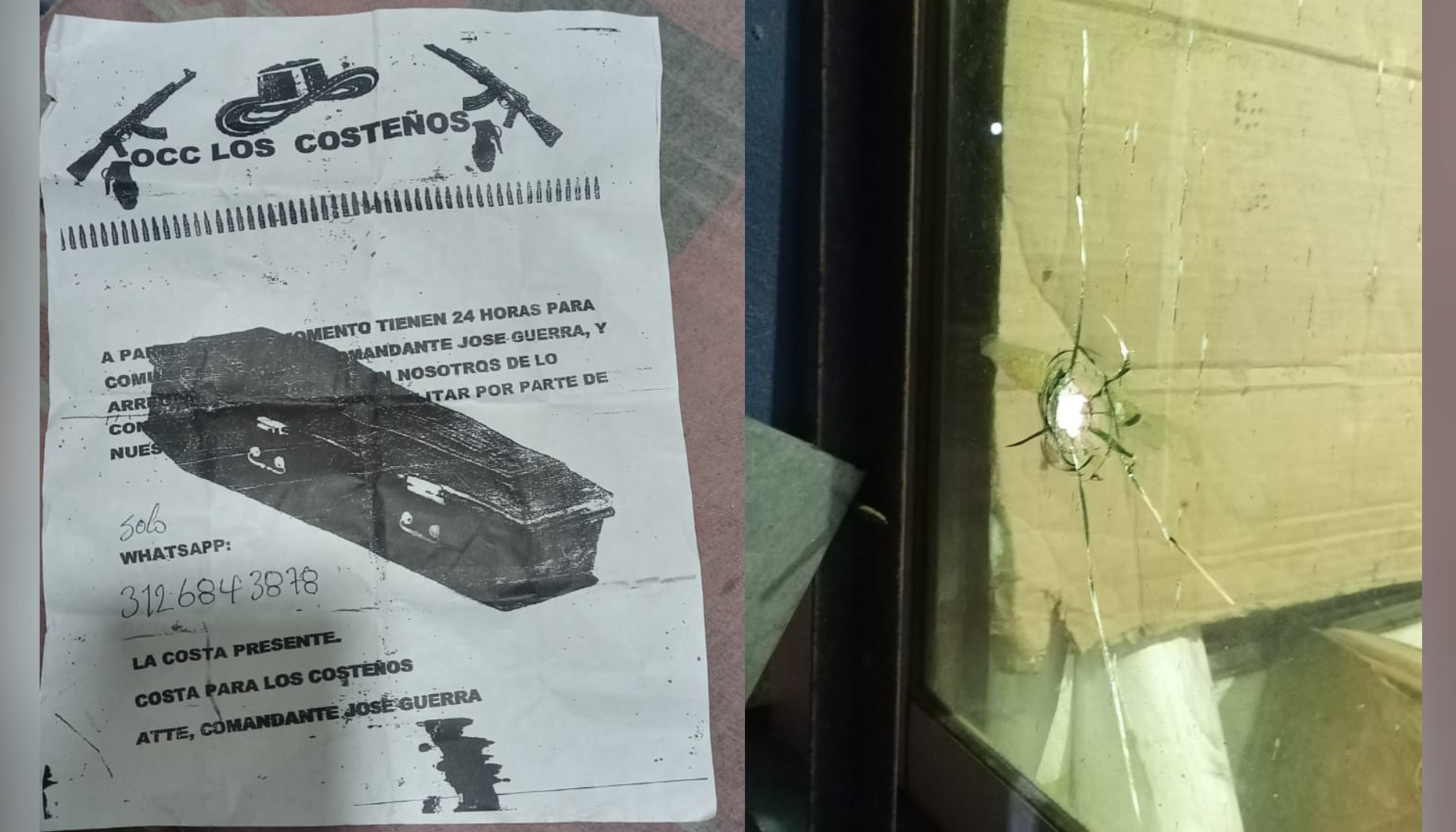 Panfleto de 'Los Costeños' y impactos de bala en el vidrio.