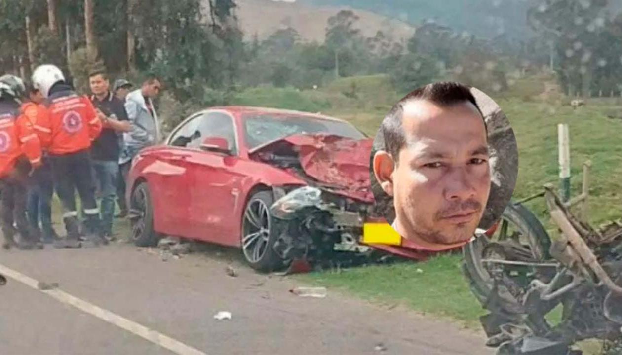 El vehículo BMW que provocó el accidente en Nobsa. En el recuadro, Eliades Ballesteros Chinchilla, una de las víctimas mortales.