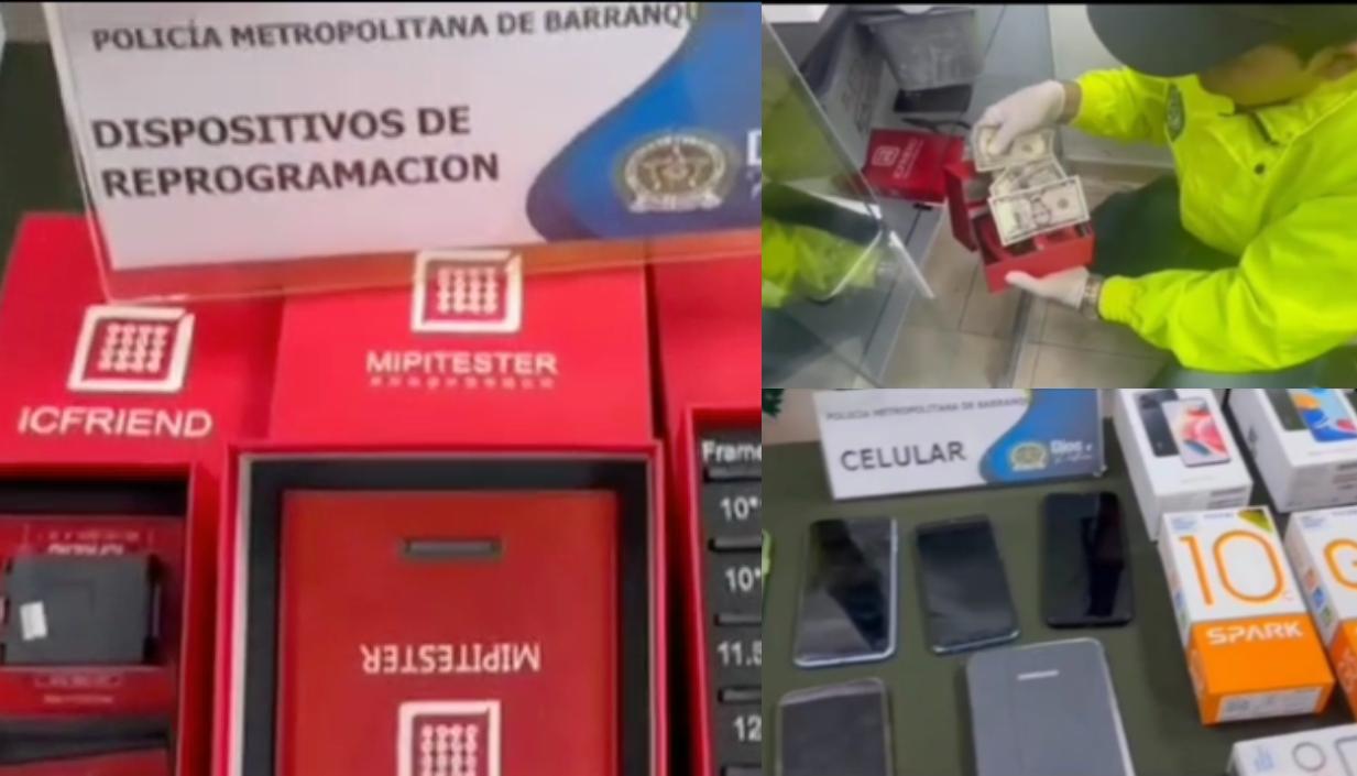 Programadores de celulares, teléfonos móviles y dólares incautados. 