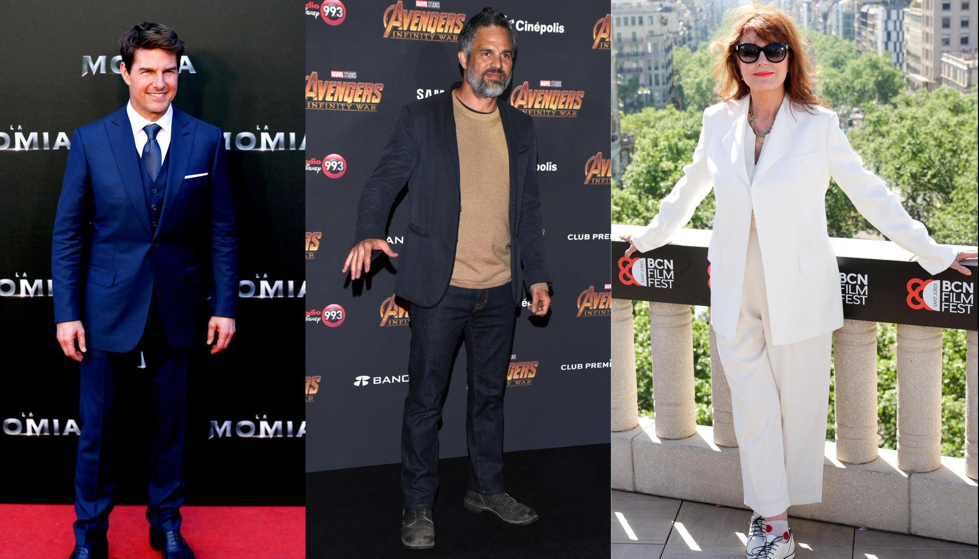 Composición de tres fotografías de archivo donde aparecen los actores Tom Cruise, Mark Ruffalo y Susan Sarandon.