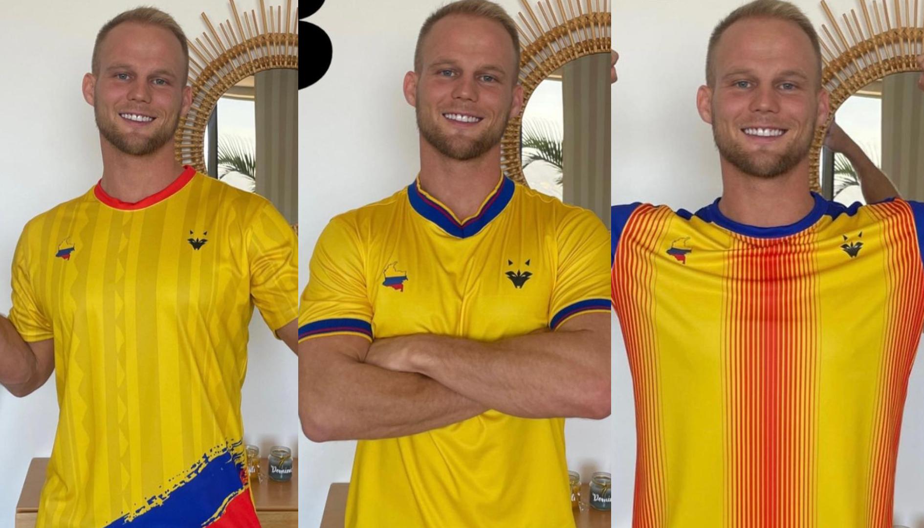 Dominic Wolf posando con sus nuevas camisetas.