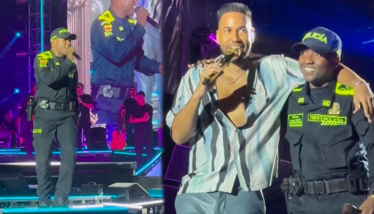 Policía cantando con Romeo Santos en el Atanasio Girardot.