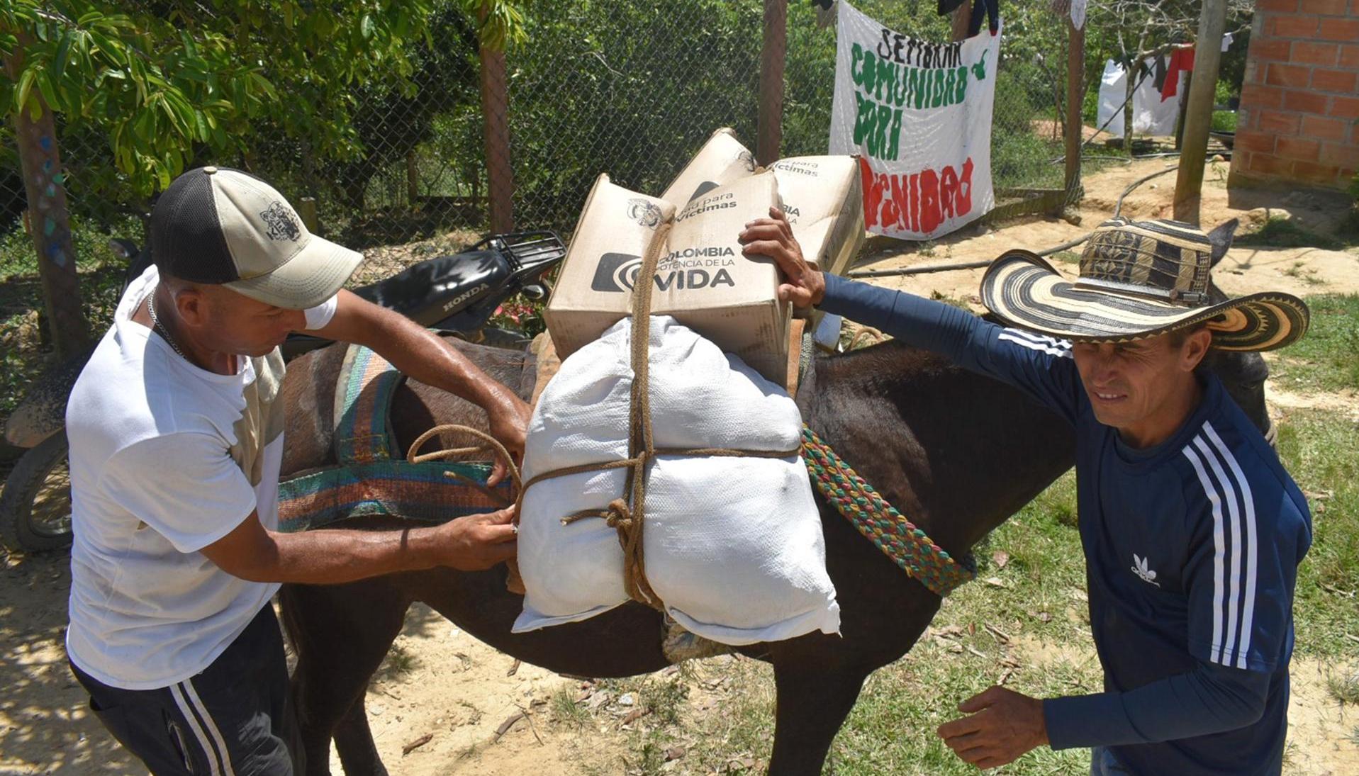 Dos personas transportando cajas con ayuda alimentaria que hacen parte de los kits entregados a los habitantes de la vereda Rancho Quemado, a cuatro horas de Segovia 